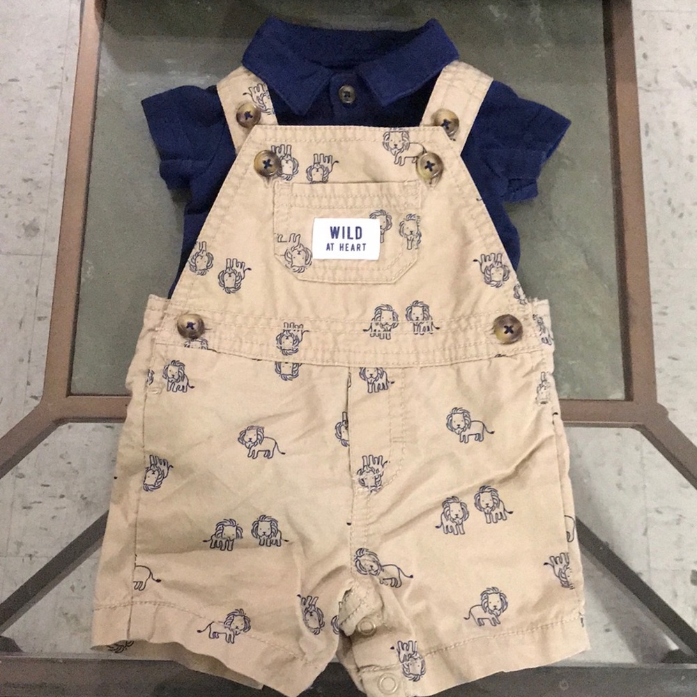 NewBorn Baby Tan Lion Print Overalls, Blue Polo
